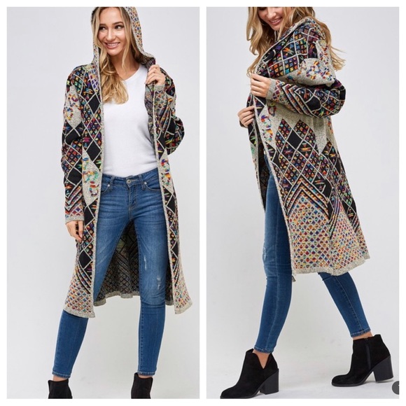 21 Boho Sweater Long Sleeve Hooded Long Cardigan Rainbow Multi Pattern - Picture 4 of 5